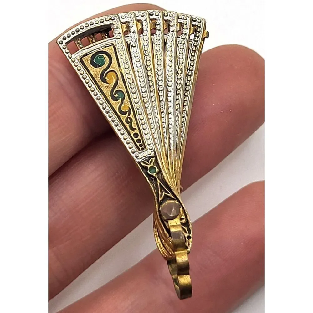 Antique Spain Gold Tone Enamel Design Damascene Articulating Fan Brooch Pendant